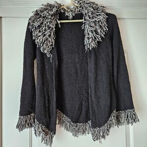 Penny Lane Cardigan Womens Large Black Takeout Y2K Shaggy Fringe Open Front 70s